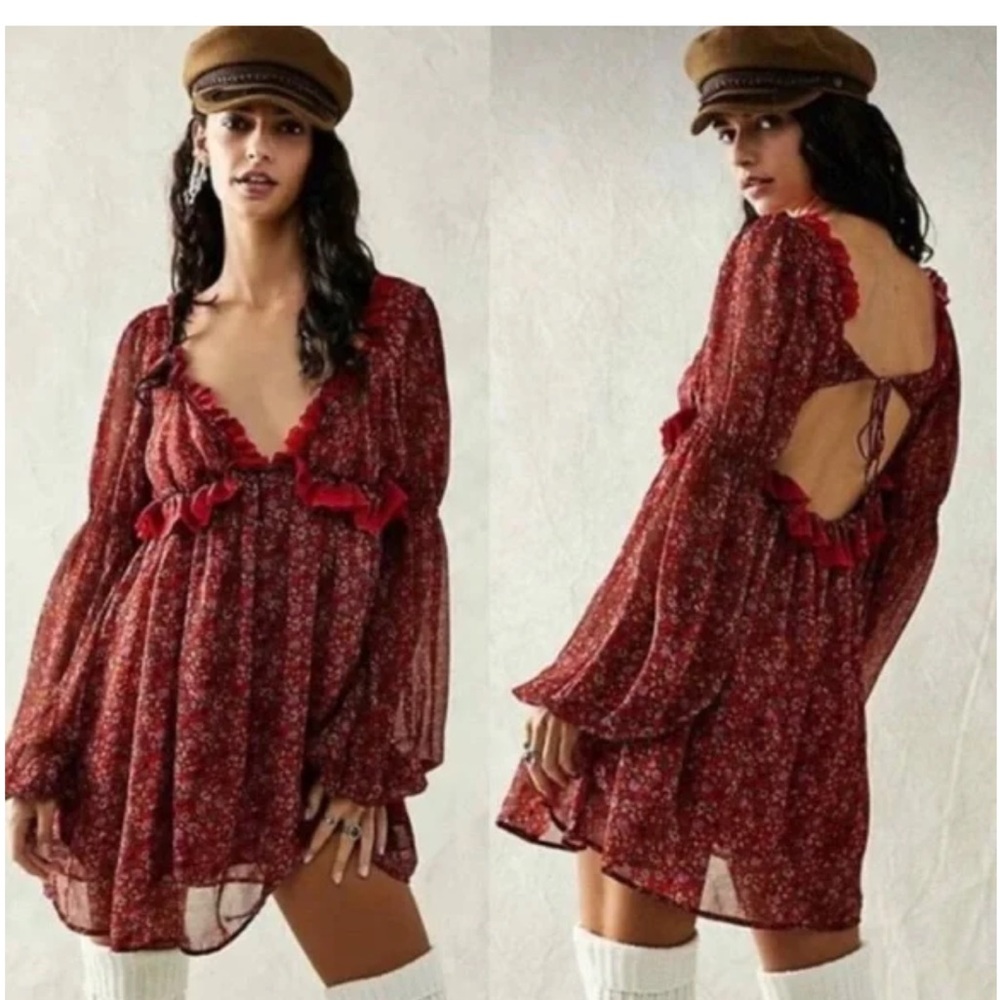 Free People Penny Babydoll Mini Dress Red Floral Size Medium